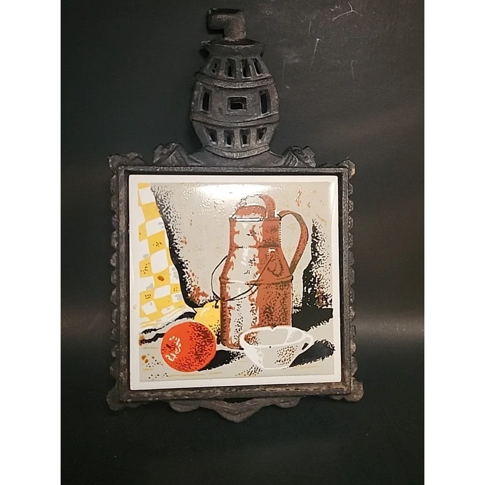Set Of 2 Enesco Vintage Cast Iron Trivets W/Tile Centers Kettle & Pitcher Scenes